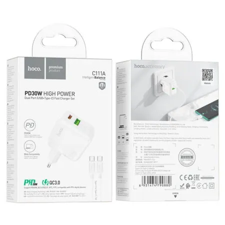 hoco-c111a-lucky-pd30w-qc3-dual-port-wall-charger-eu-set-tc-tc-packaging — HOCO Israel