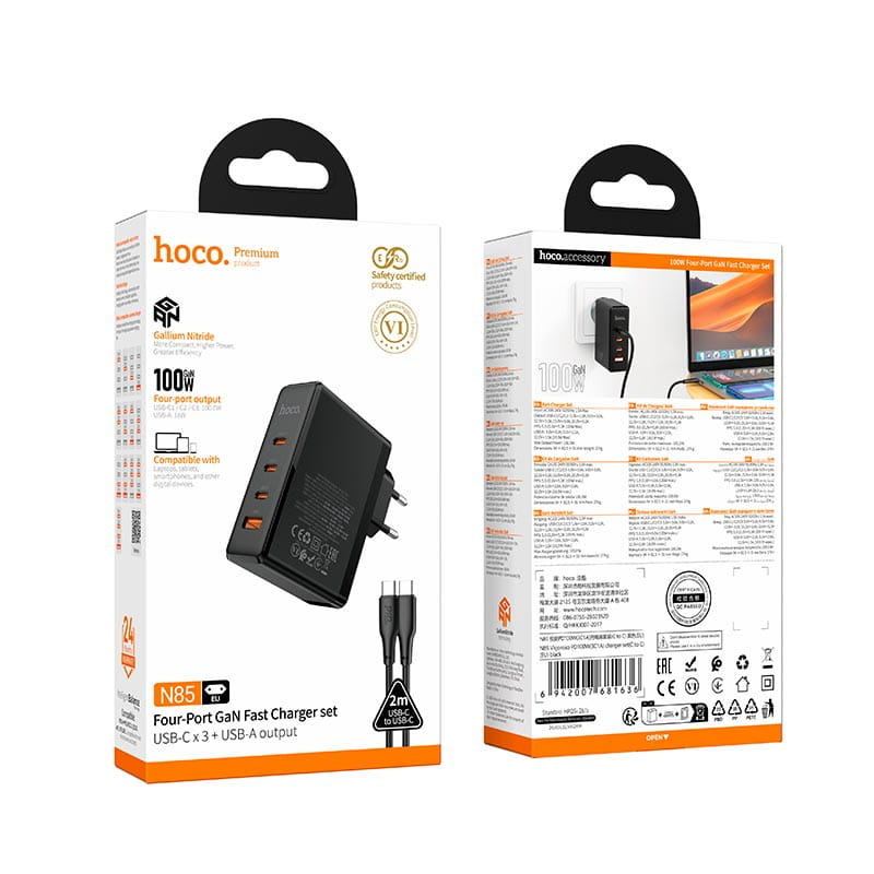 ⁦N85 – מטען GaN מהיר 100W עם 4 יציאות וכבל USB-C⁩ – תמונה ⁦1⁩